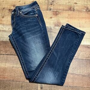 Miss Me | Women's Dark Wash Denim Distressed Big Stitch Skinny Jeans Sz 28